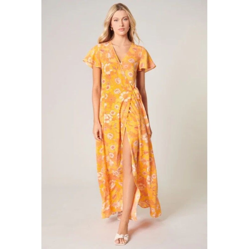 SUGARLIPS Women's Flowy Orange Floral Tie Waist Maxi Dress Small Casual